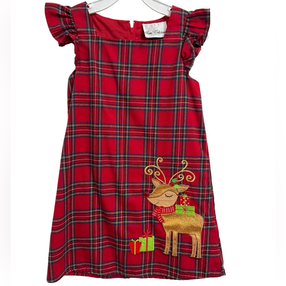 🎄🧑🎄 Rare Editions Girls Christmas Plaid Dress Reindeer Holiday Dress Size 4T